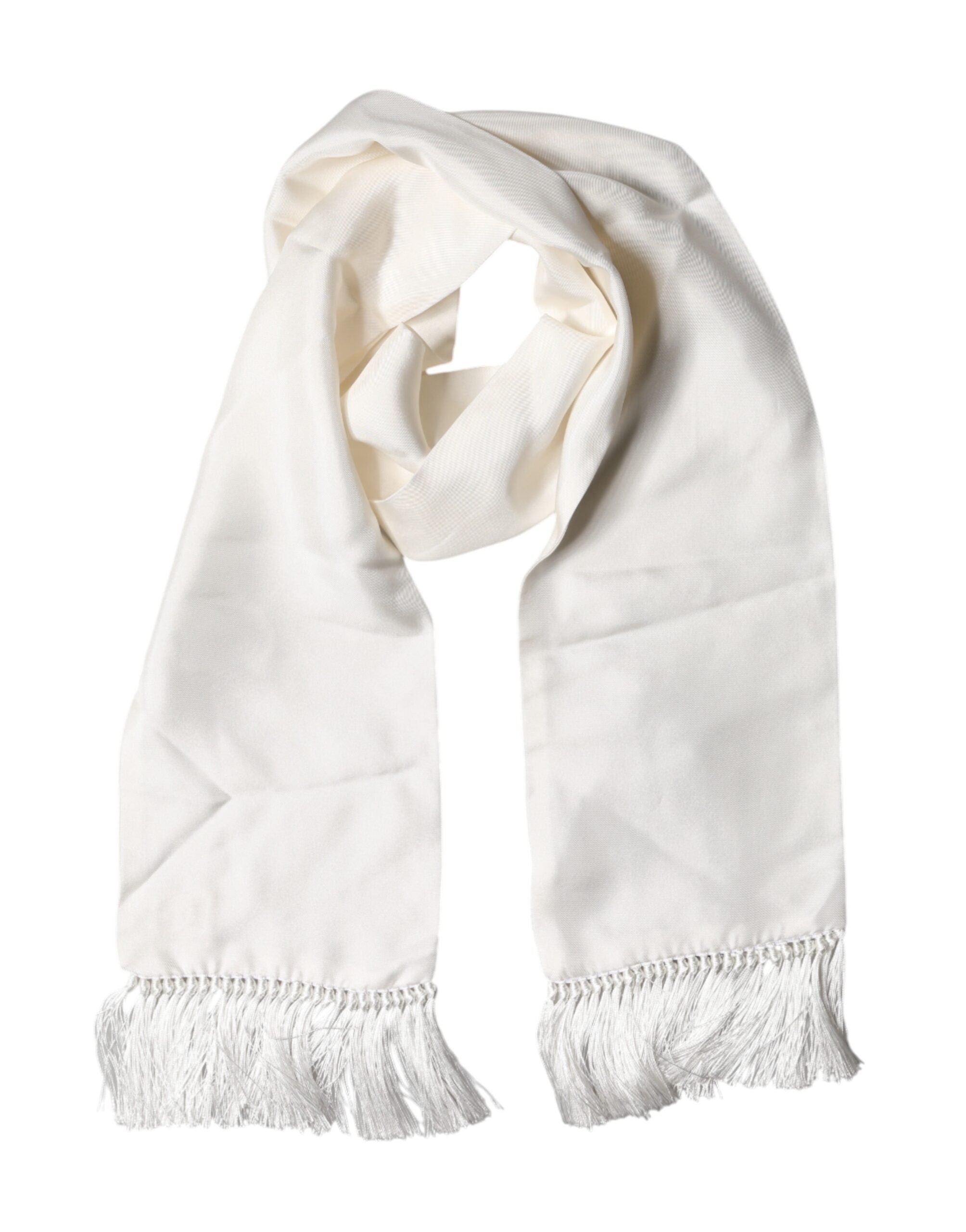 White Satin Silk Fringes Neck Foulard  Scarf