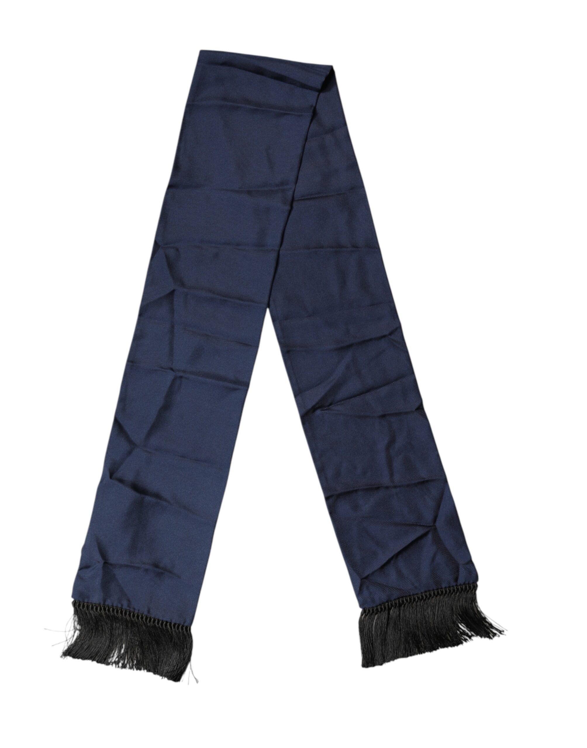 Navy Blue Silk Fringes Neck Foulard Scarf