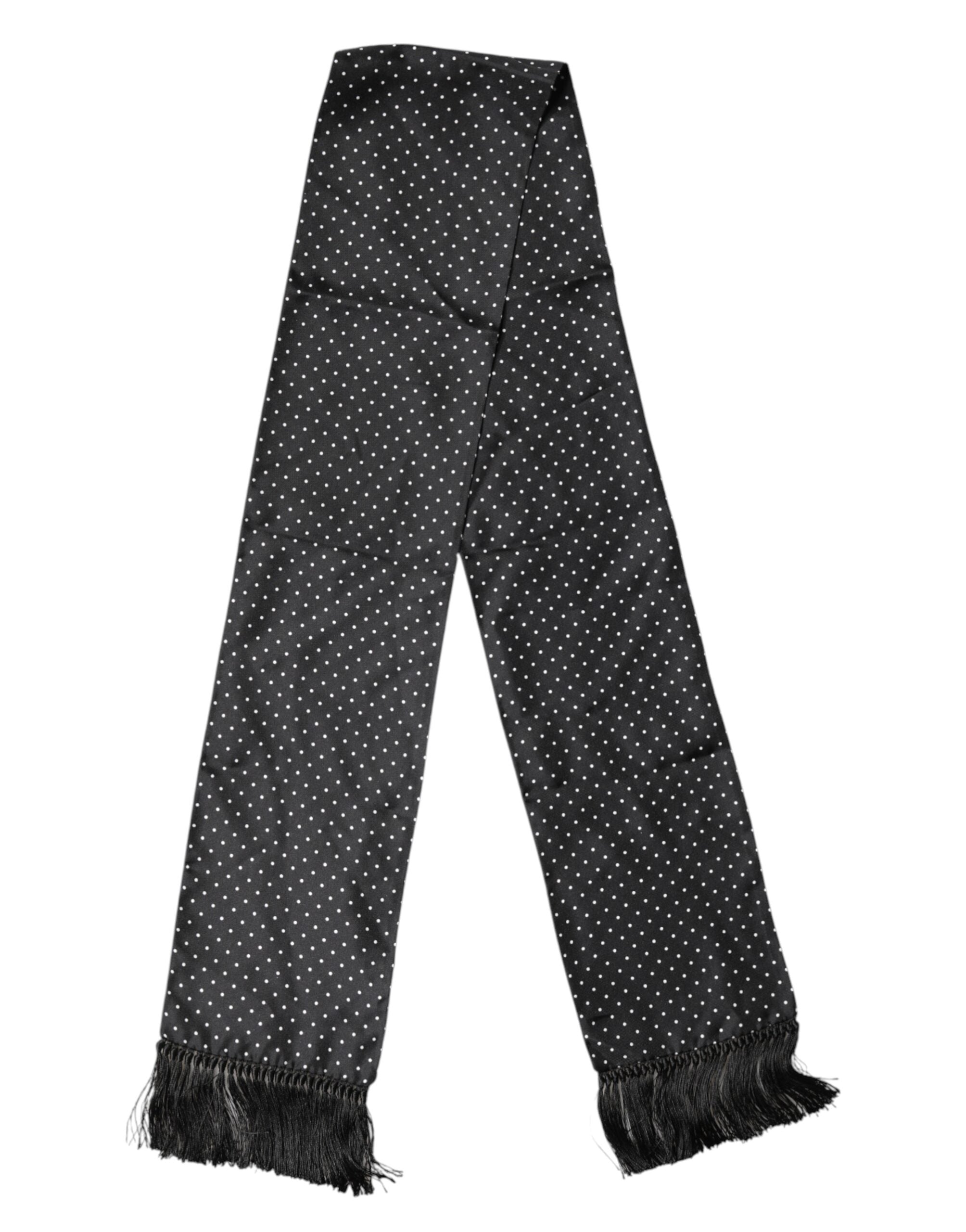 Black Polka Dot Fringes Silk Foulard 139cm x 14.5cm Scarf