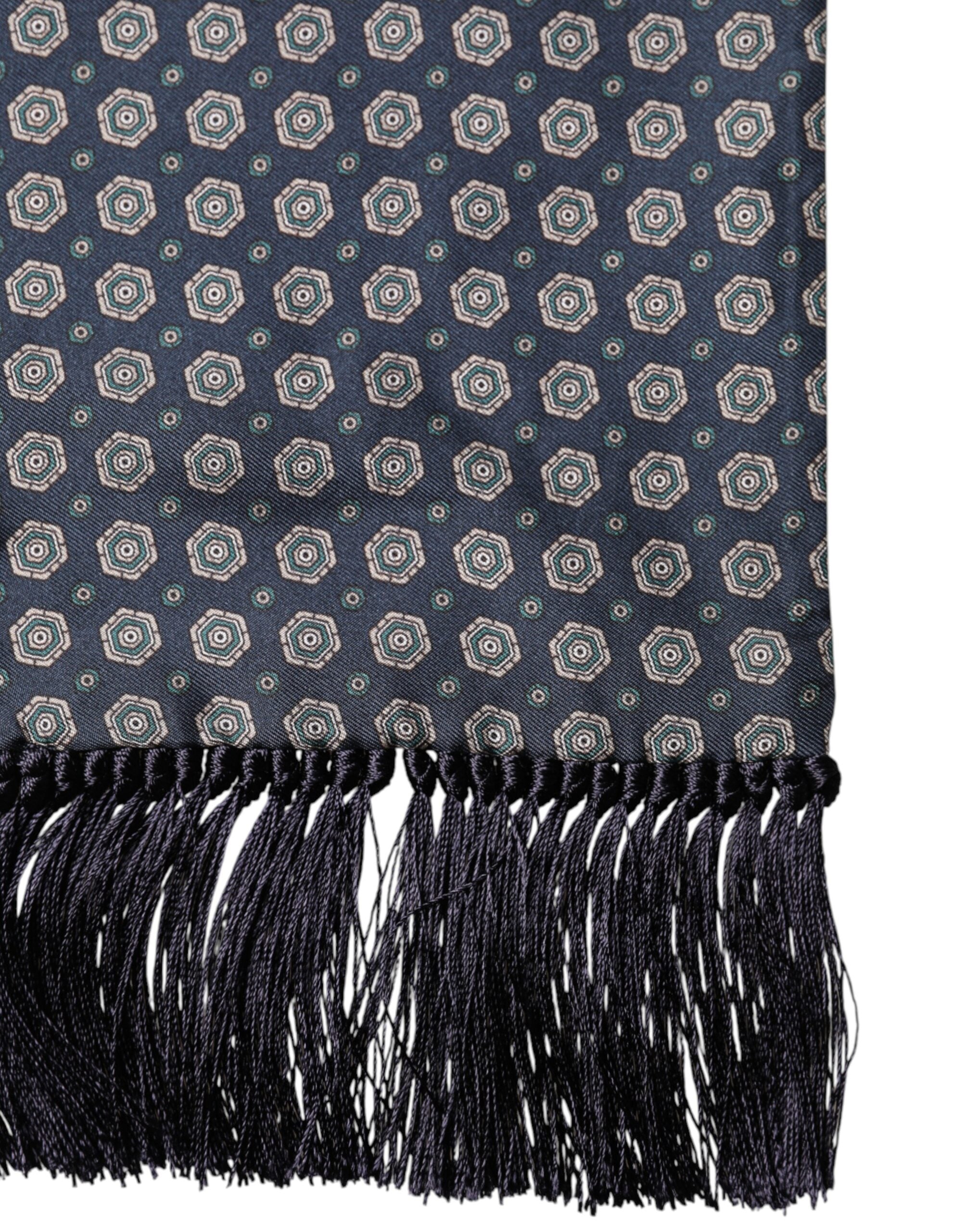 Blue Patterned Silk Fringes Foulard 138cm x 15.5cm Scarf