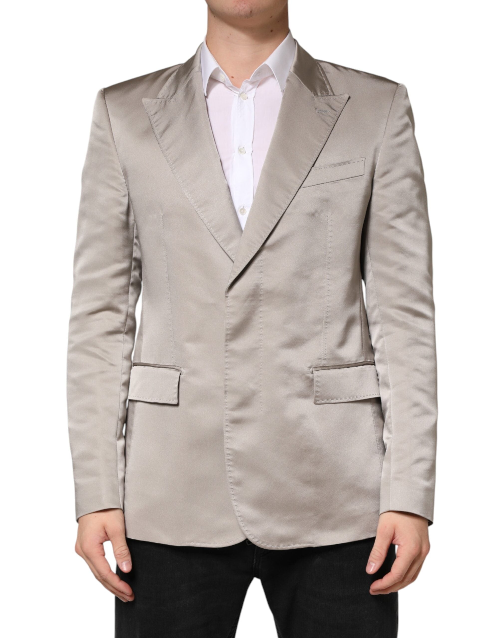 Beige Silk Single Breasted Jacket Men Blazer