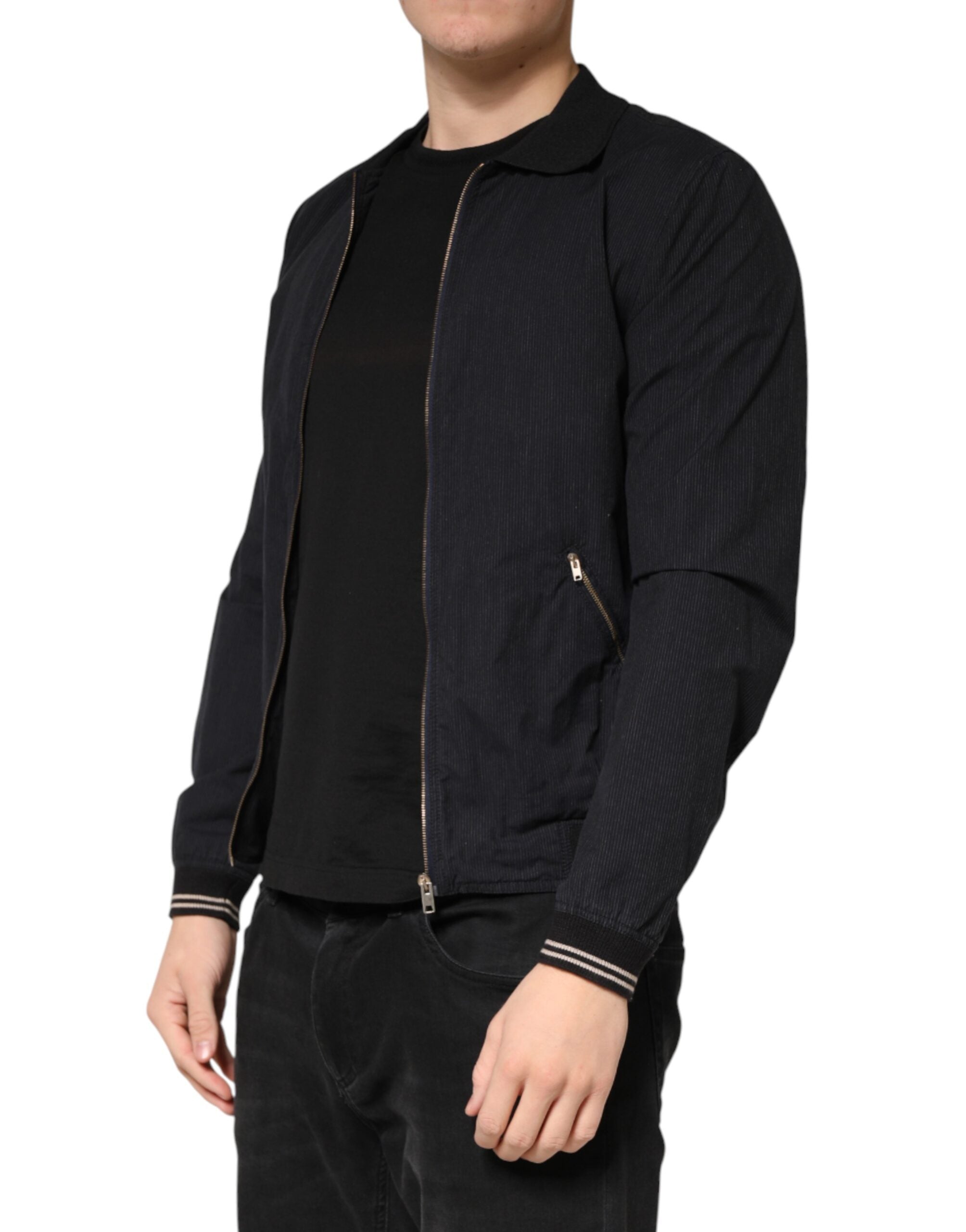 Dark Blue Cotton Full Zip Bomber Men Jacket