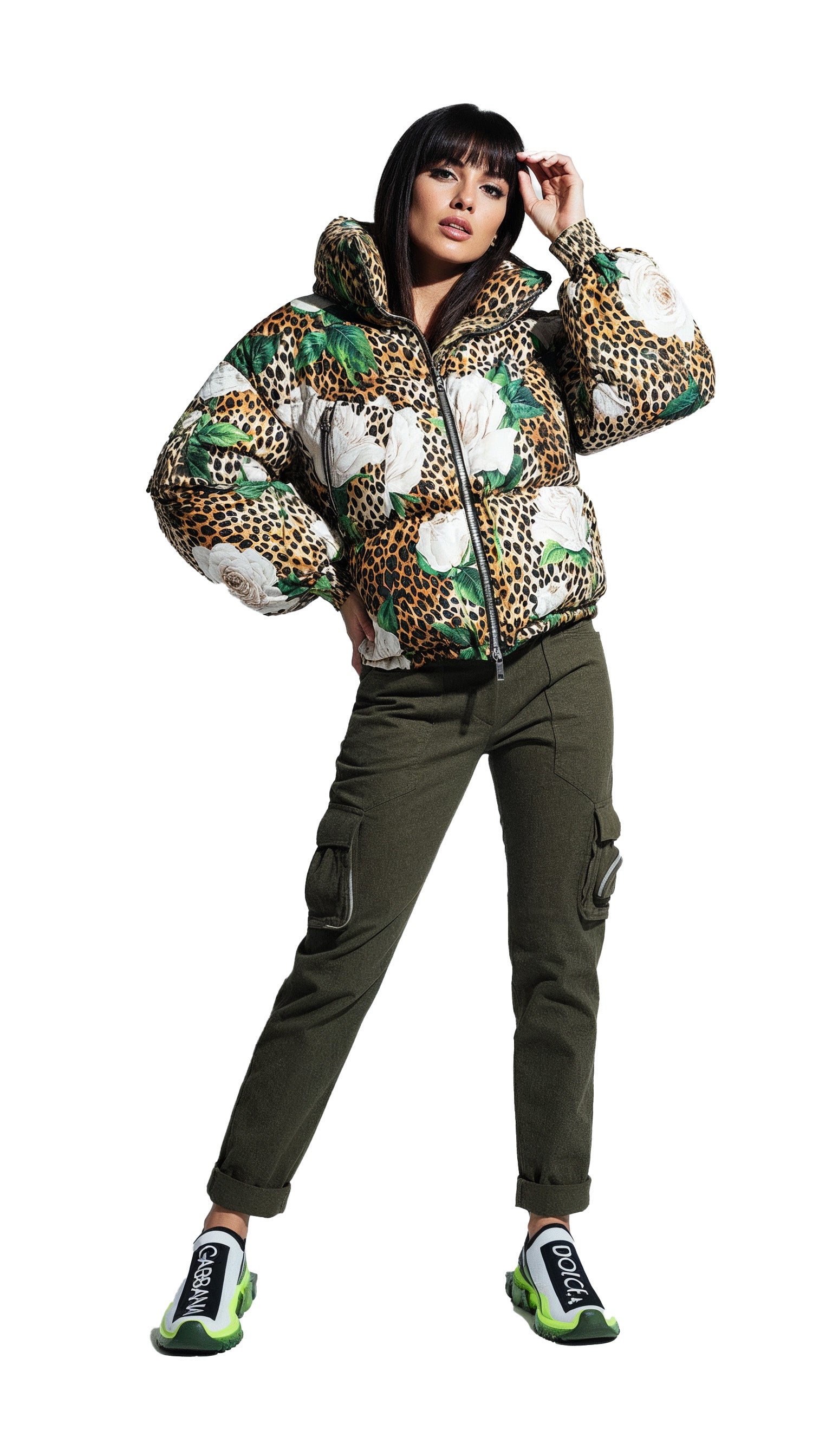 Multicolor Leopard Rose Puffer Quilted Jacket