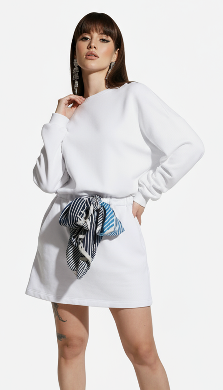 White Cotton Belted Long Sleeves Crew Neck Mini Dress