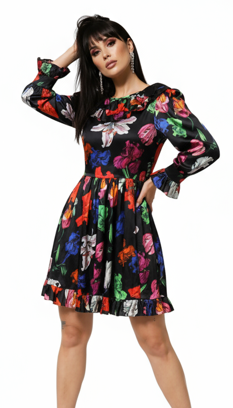 Dress Black Multicolor Floral Ruffle Long Sleeve Mini Dress