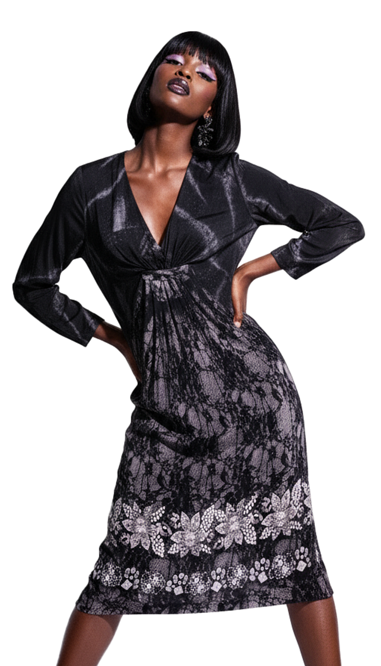 Black Floral Viscose Sheath Midi Dress