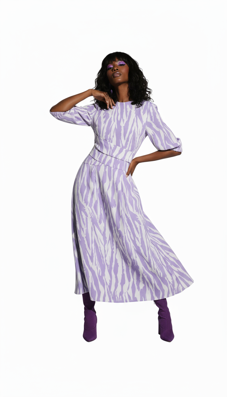 White Purple Patterned Viscose Short Sleeves Maxi Dress
