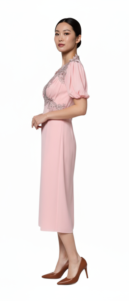 Pink Floral Lace Short Sleeves V-neck Midi Dress