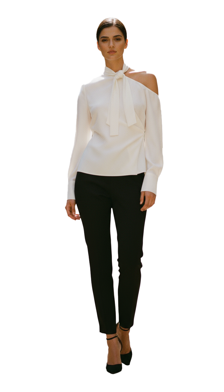 Beige Silk Ascot Collared Long Sleeves Top