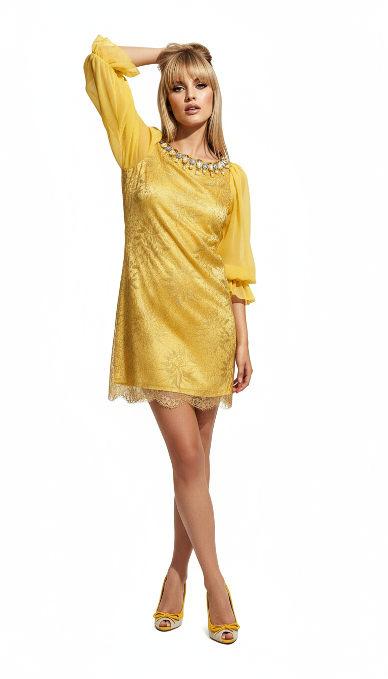 Yellow lace crystal mini dress