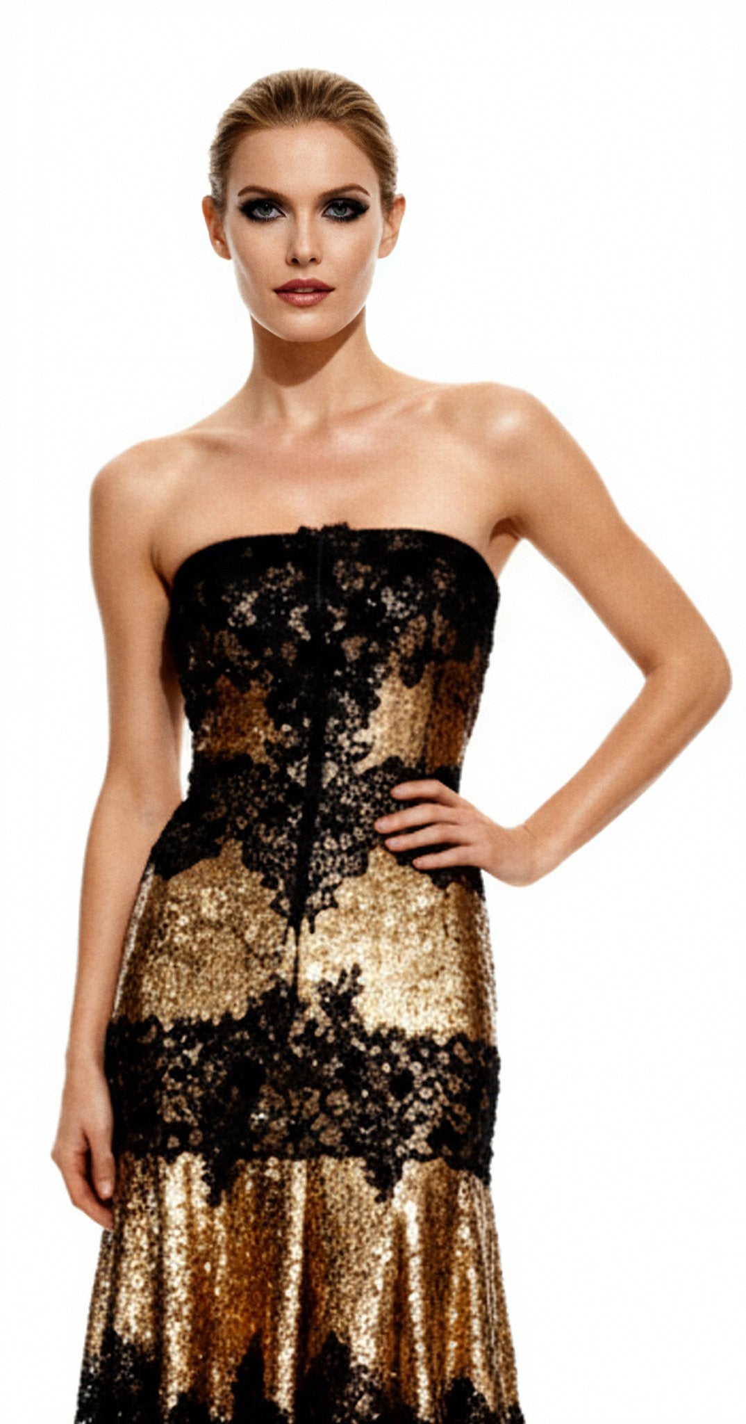Gold Strapless Sequin Embellished Lace Dress